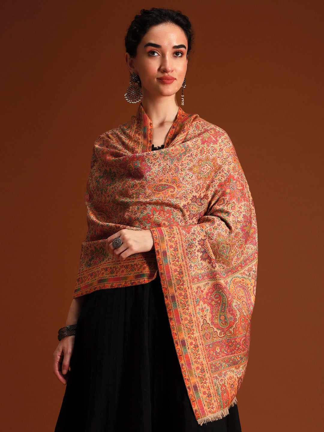 Pashmoda  Imperial Shahkaar Gulistan kaani stole Stole for Women, Wool Blend Pashmina Style Shawl Wrap, Traditional Kashmiri Jamawar Woven Design, Luxury Evening & Festive Scarf (28 x 80 Inches)