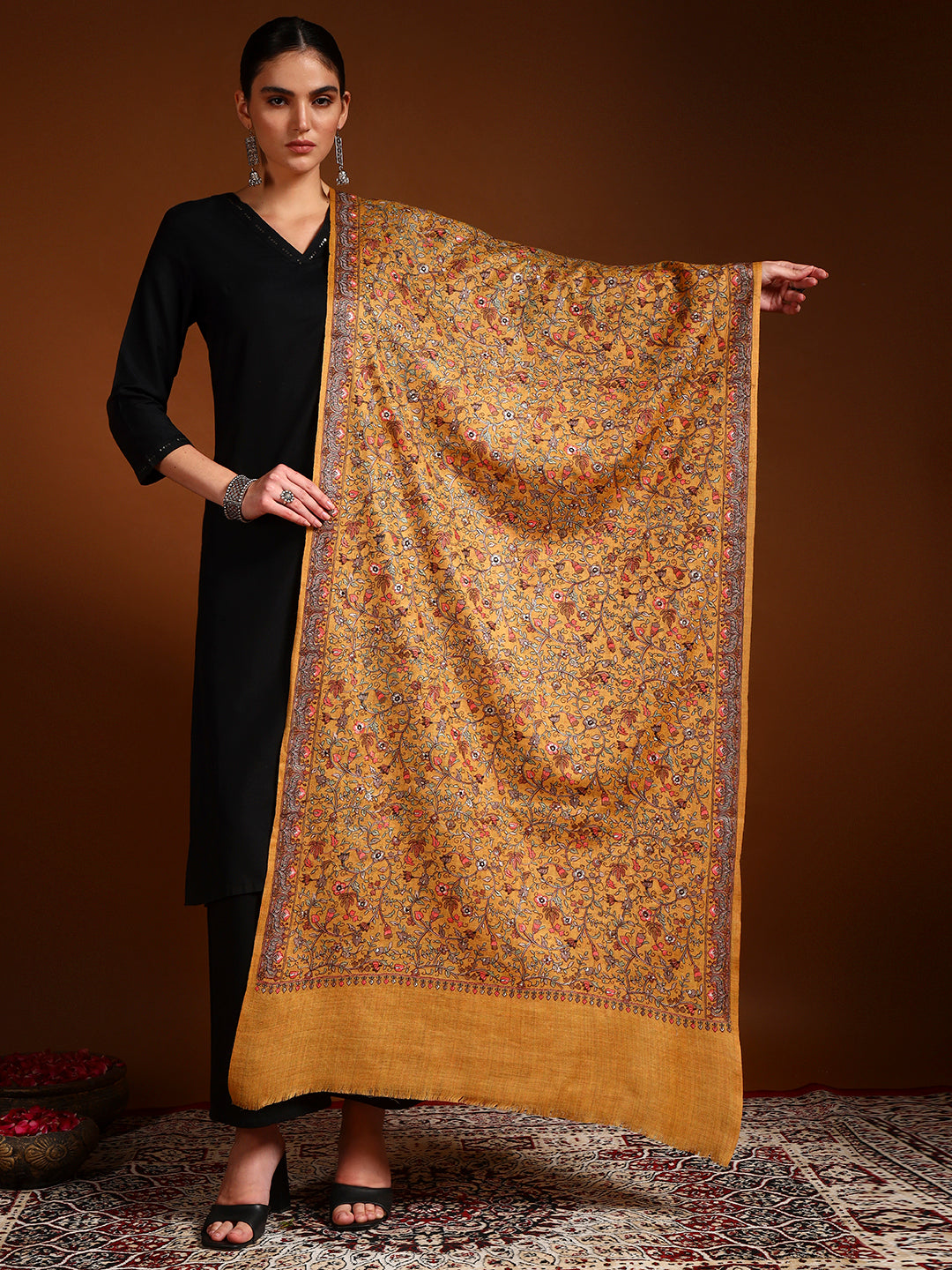 Pashmoda Women Shabnum 100% Pure Wool Sozni Hand Embroidered Stole (Size-71 × 203 cm)