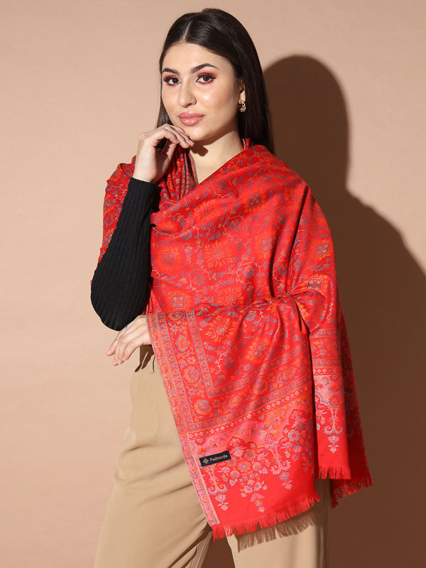 Women Red Woven Design Jamawar Shawl (Size 101X203 CM)