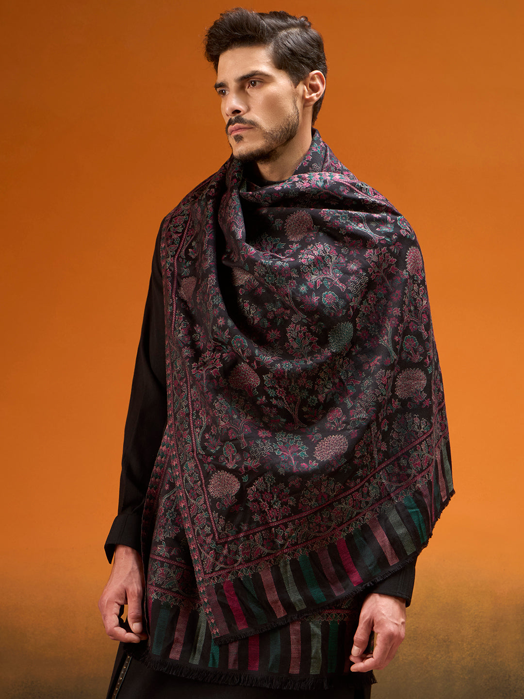 Pashmoda Men Aurelia Kaani Stole, Authentic Kashmiri Pashmina Style Wool Shawl, Gents Lohi Wrap, Traditional Jamawar Woven Design, Black Colour (28 x 80 Inches)