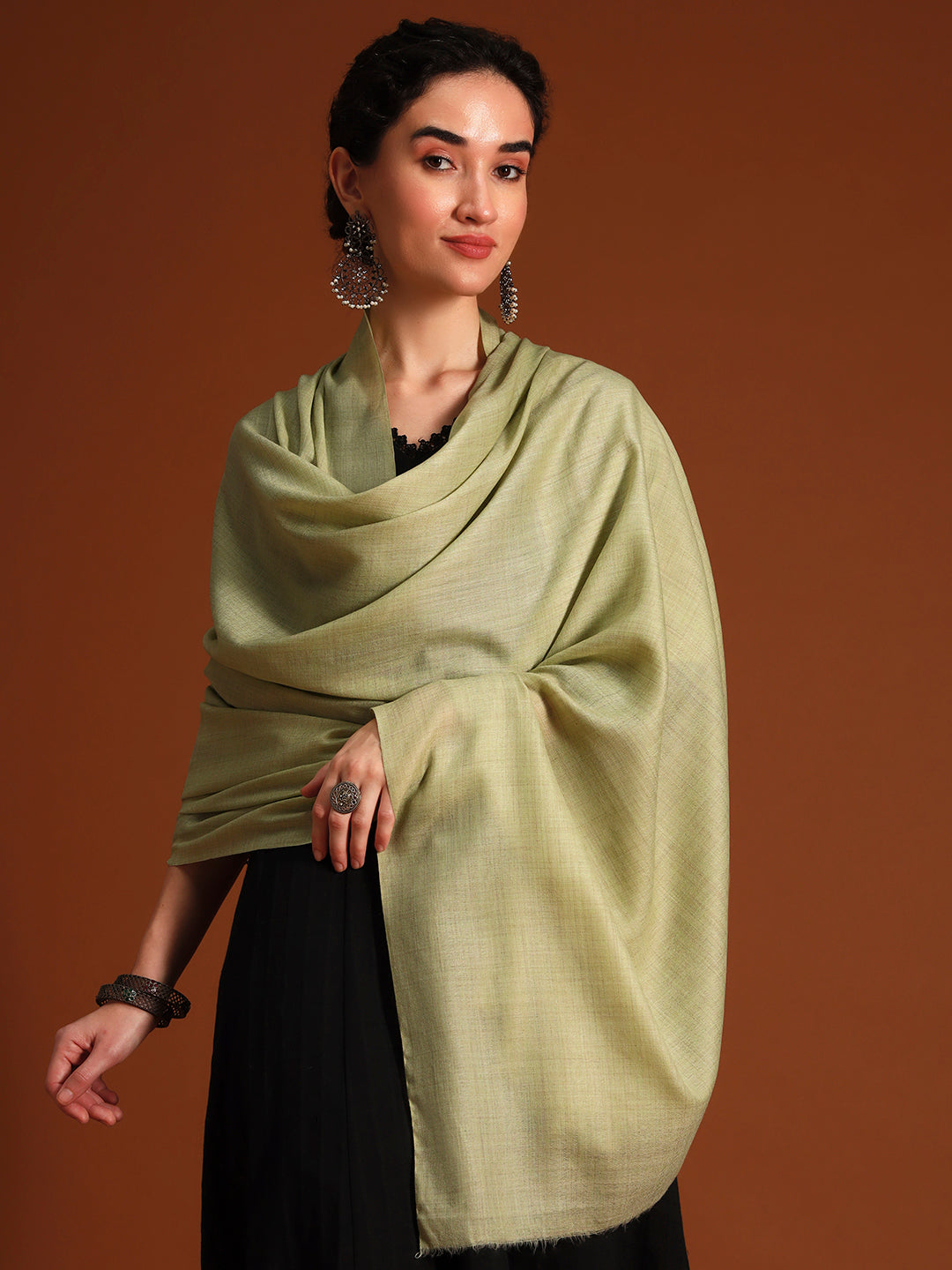 Women Verdant Grace Fine Wool Blend Solid Melange Shawl