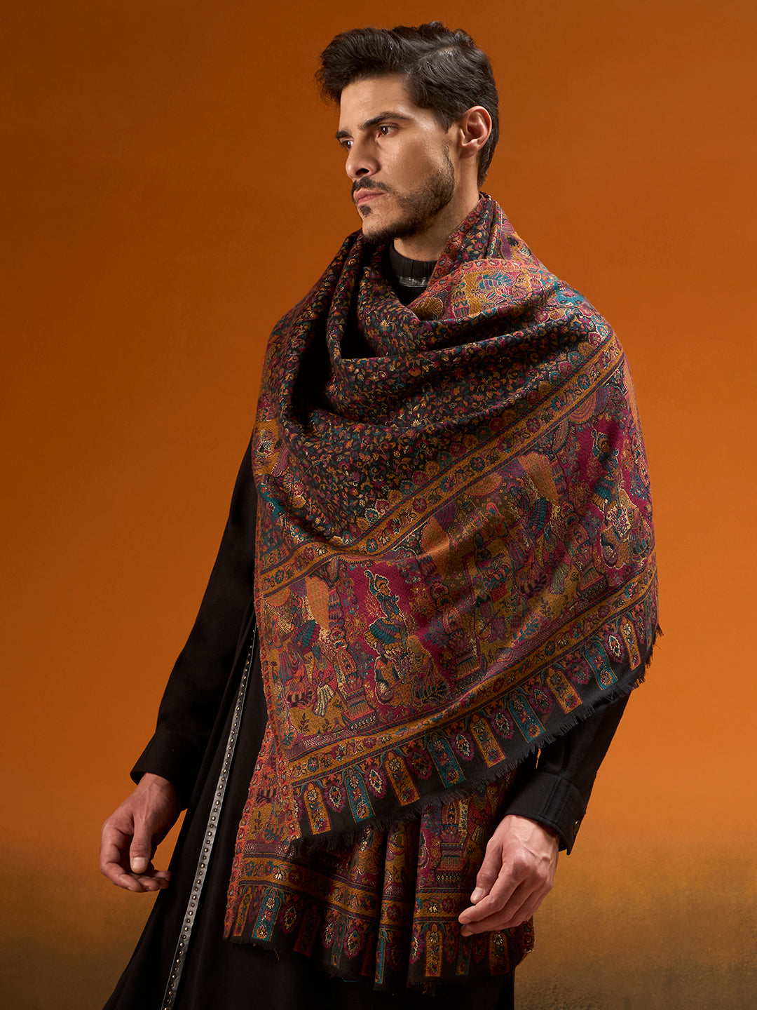 Pashmoda Men Persian Court Kaani Stole, Authentic Kashmiri Pashmina Style Wool Shawl, Gents Lohi Wrap, Traditional Jamawar Woven Design, Black Colour (28 x 80 Inches)