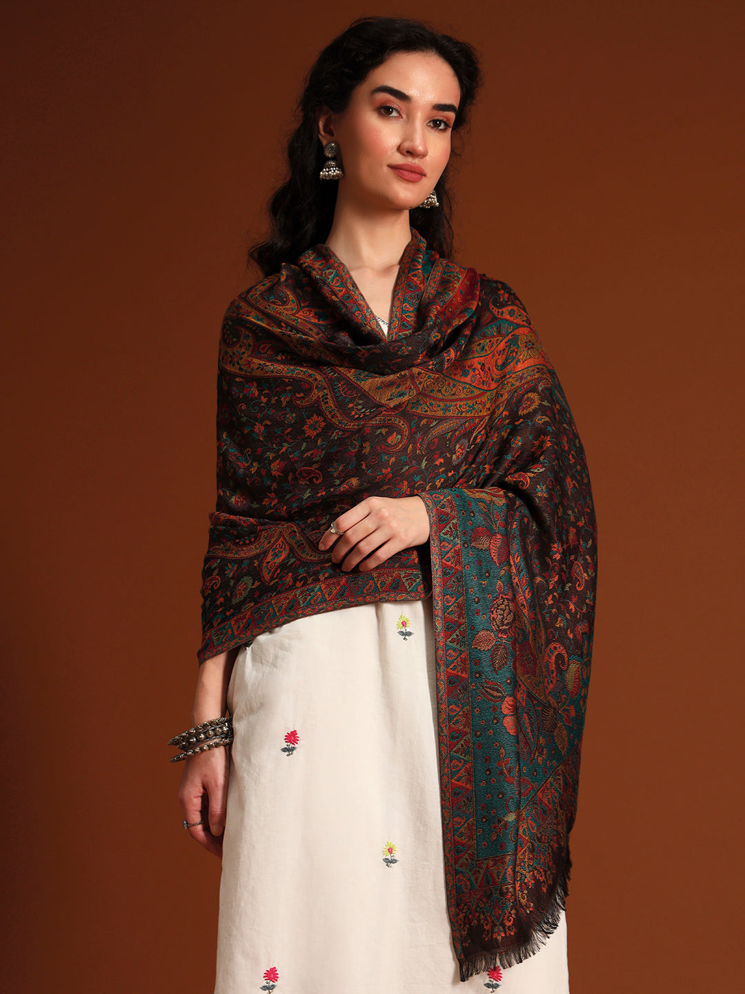 Pashmoda Women Floral Heritage Kaani Elegance Wool Blend Kashmiri Shawl, Stole, Scarf | Luxury Pashmina Jamawar Soft Warm Evening Wrap (Size 40X80 inches )