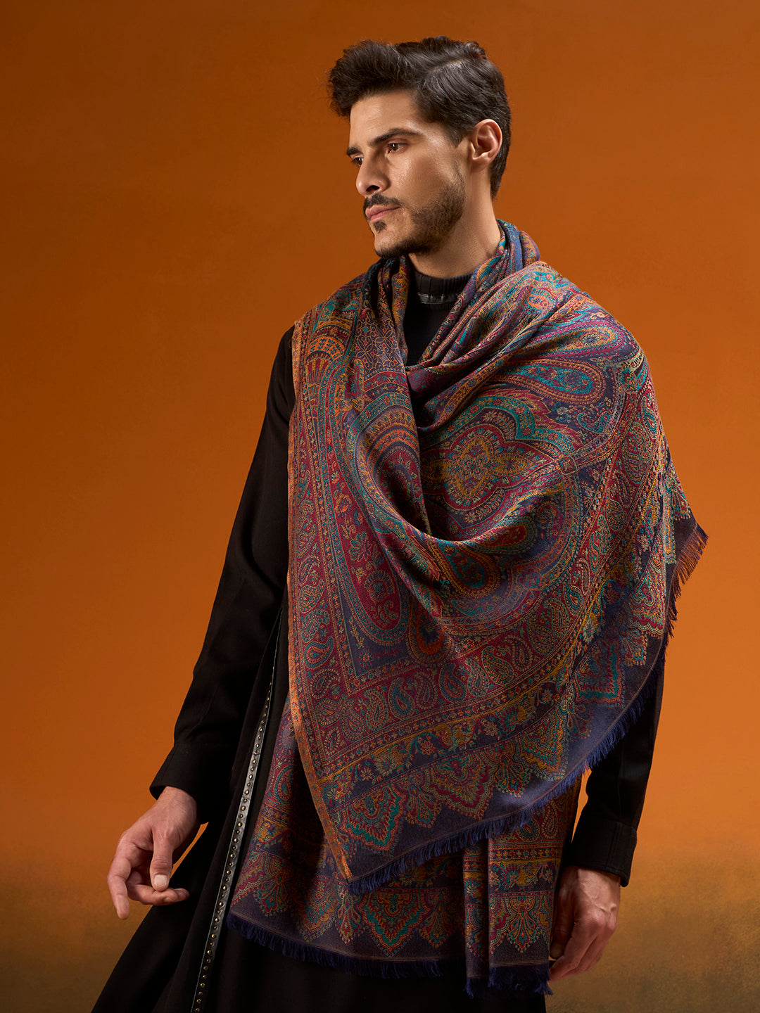 Pashmoda Men Grand Paisley Kaani Shawl, Authentic Kashmiri Pashmina Style Wrap, Medium Gents Lohi, Traditional Jamawar Woven Design, Gift Box Packed, Navyblue Colour (40 x 80 Inches)