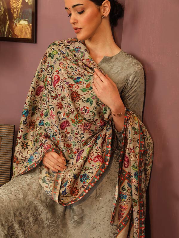 Women's Pure Wool Kalamkari Print and Aari Embroidery Shawl (Size: 101X203 CM)