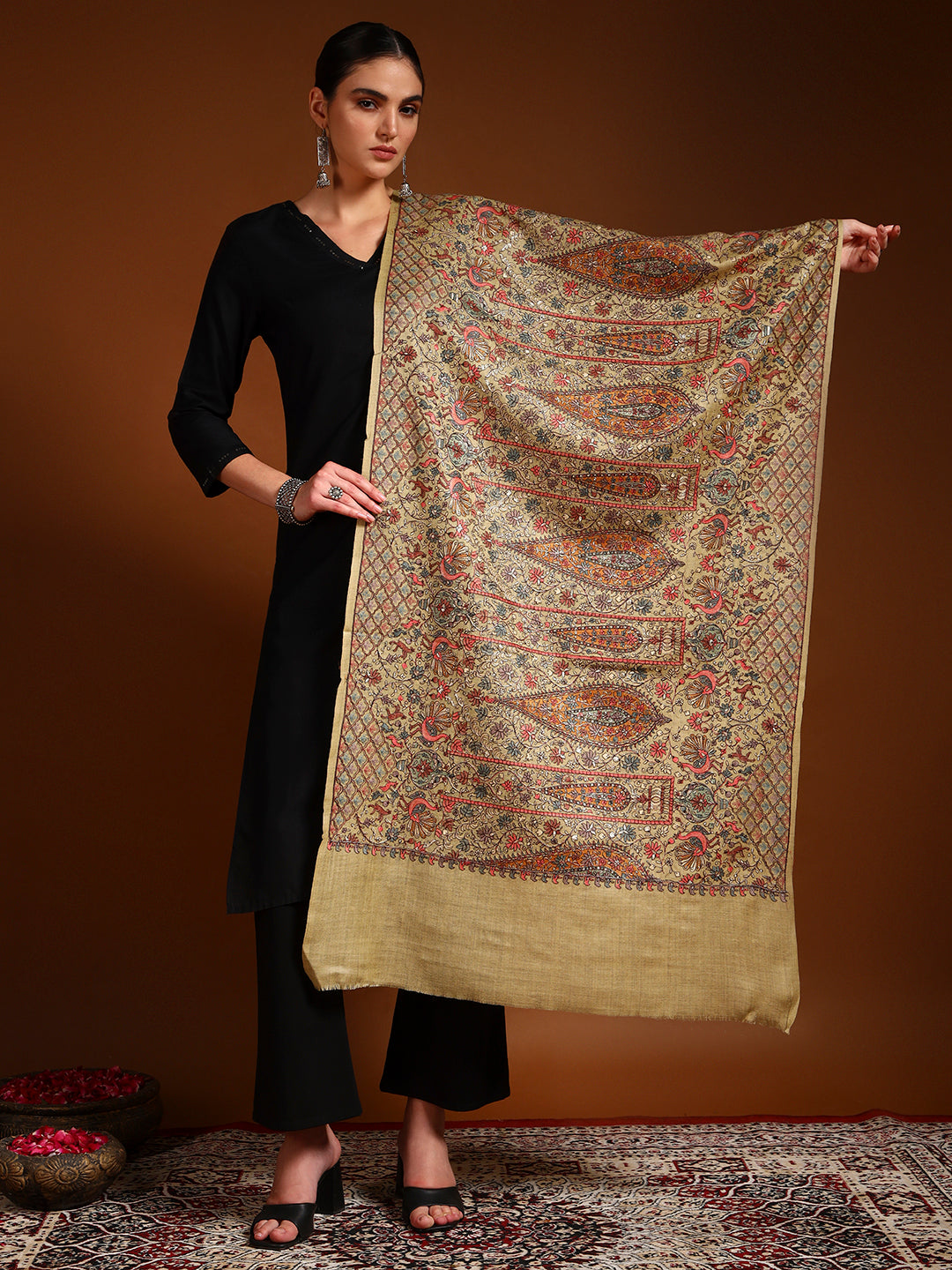Pashmoda Women Nafeesah 100% Pure Wool Sozni Hand Embroidered Stole (Size-71x203cm)
