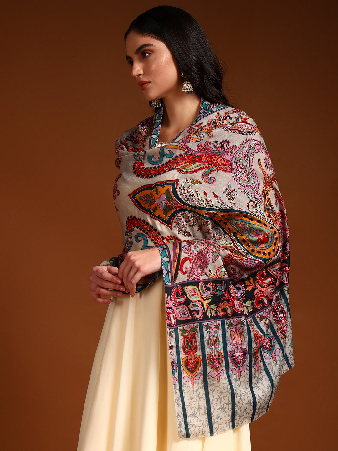 Pashmoda Women Saahtaar 100% Pure Wool Fabric Kalamkari Embroidered Stole (Size: 71x203 cm)