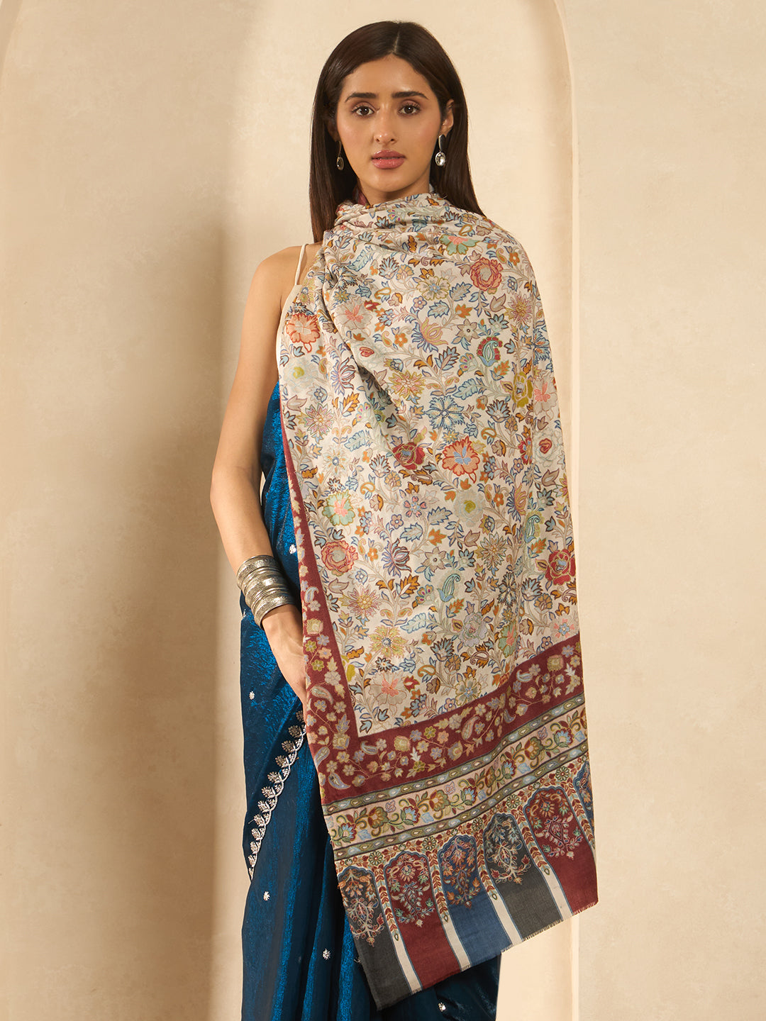 Women Royal Mehrab Fine Wool Fabric Kalamkari Embroidered Shawl
