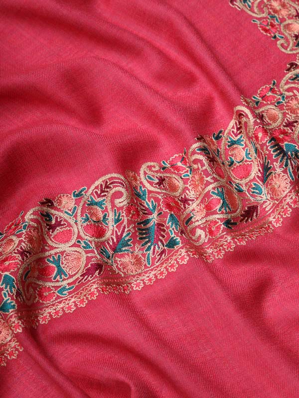Women Dark Pink Pure Wool Embroidered Stole (Size 71X203 CM)