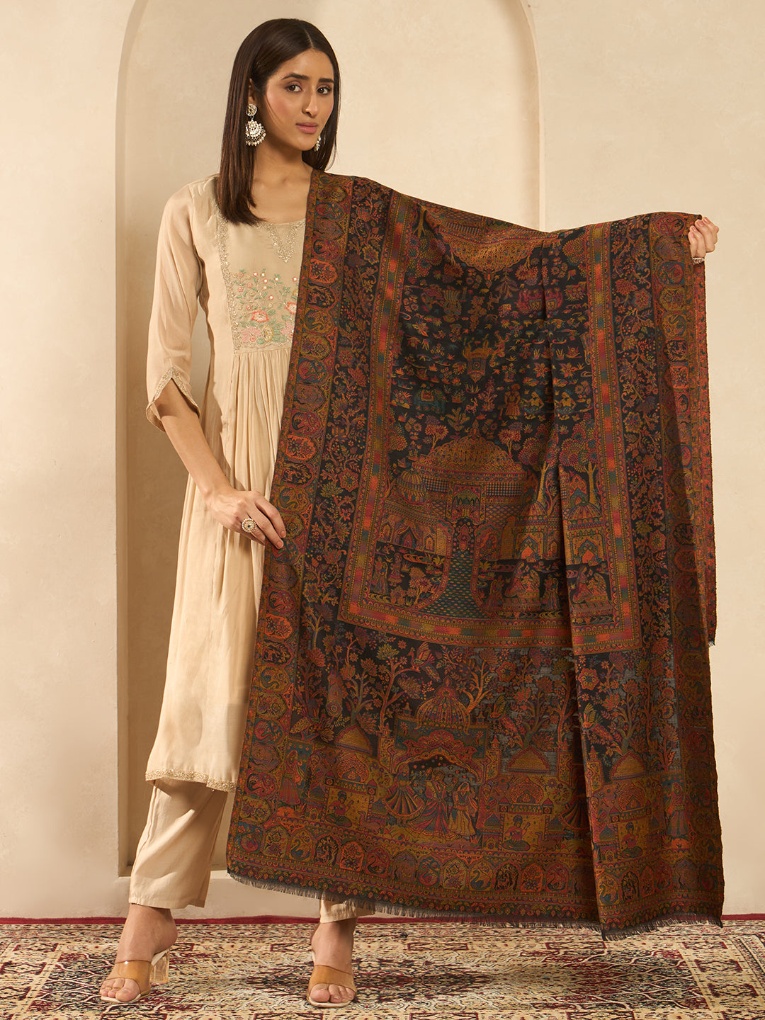 Pashmoda Women Shahi Manzar Kaani Wool Blend Kashmiri Shawl, Stole, Scarf | Luxury Pashmina Jamawar Soft Warm Evening Wrap (Size 40X80 inches )