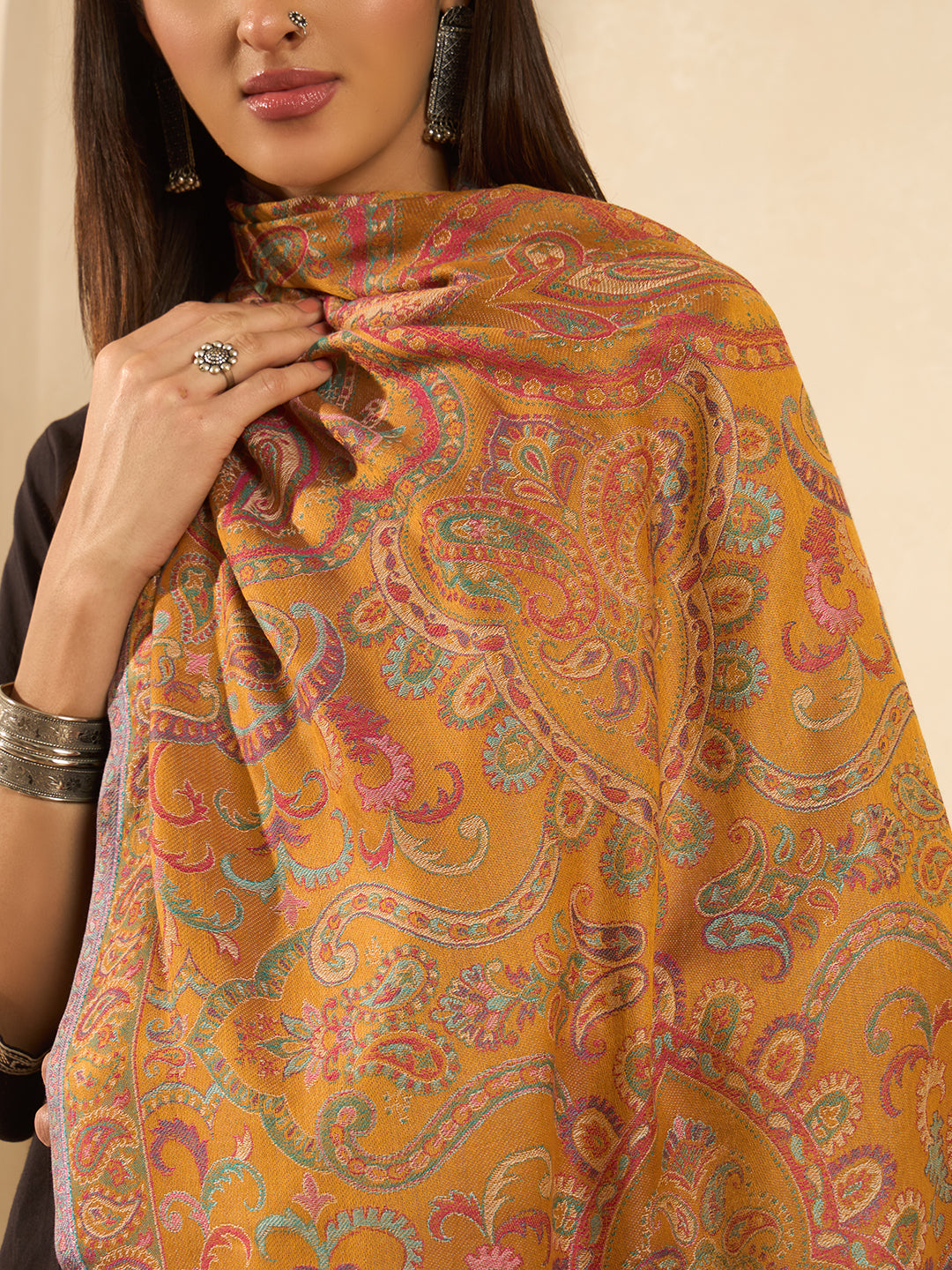 Pashmoda  Imperial Ambi Kaani Stole for Women, Wool Blend Pashmina Style Shawl Wrap, Traditional Kashmiri Jamawar Woven Design, Luxury Evening & Festive Scarf (28 x 80 Inches)