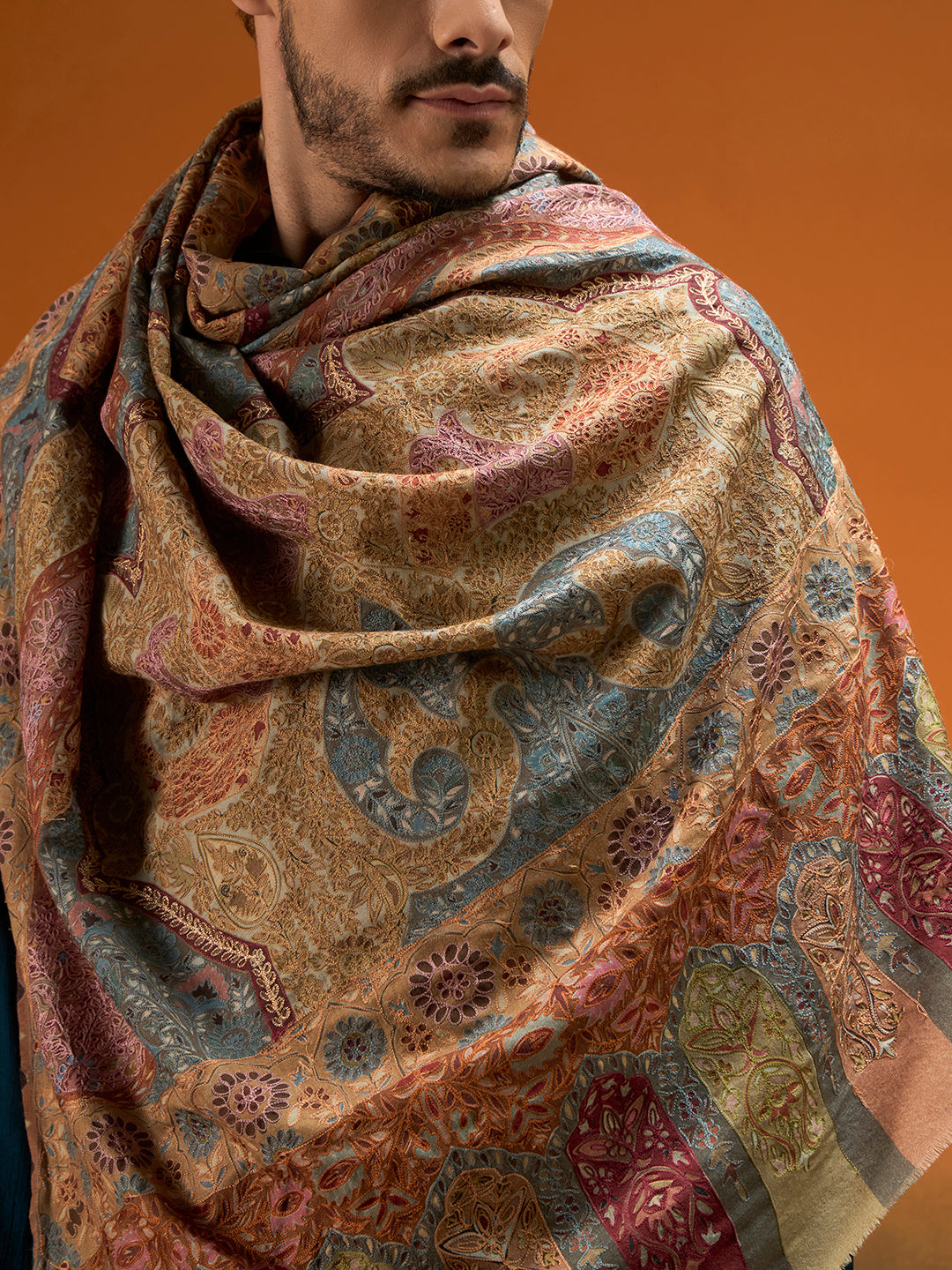 Men Kashish Fine Wool Kalamkari Embroidered Shawl