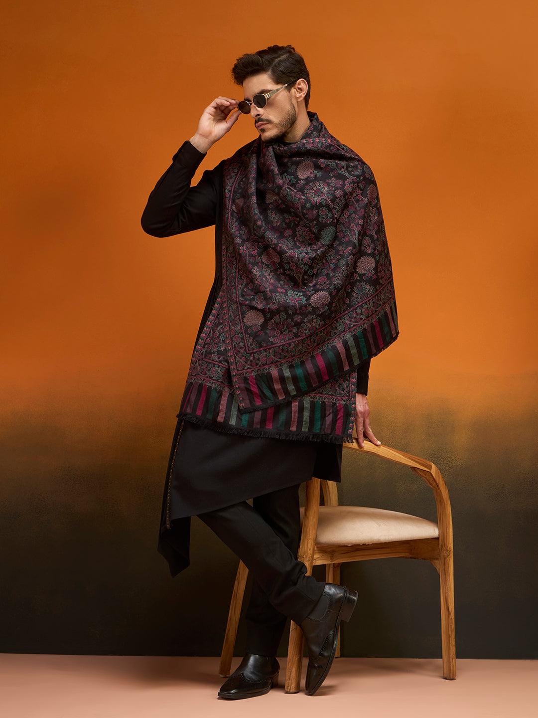 Pashmoda Men Aurelia Kaani Stole, Authentic Kashmiri Pashmina Style Wool Shawl, Gents Lohi Wrap, Traditional Jamawar Woven Design, Black Colour (28 x 80 Inches)
