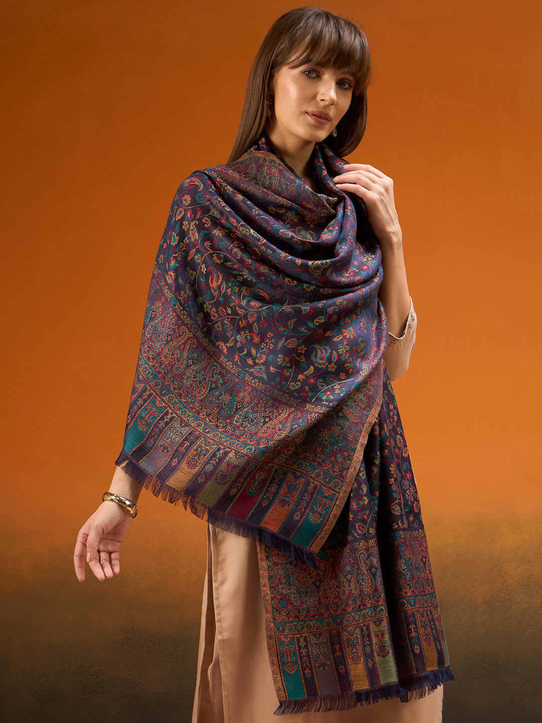 Pashmoda  Imperial Royal botanica Stole for Women, Wool Blend Pashmina Style Shawl Wrap, Traditional Kashmiri Jamawar Woven Design, Luxury Evening & Festive Scarf (28 x 80 Inches)
