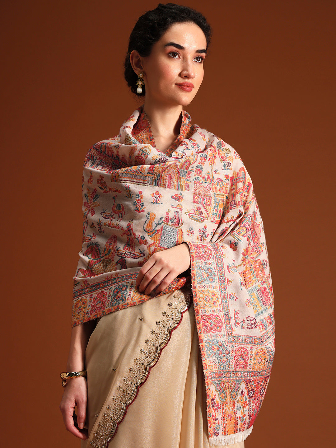 Pashmoda Imperial Gulzar kaani stole Stole for Women, Wool Blend Pashmina Style Shawl Wrap, Traditional Kashmiri Jamawar Woven Design, Luxury Evening & Festive Scarf (28 x 80 Inches)