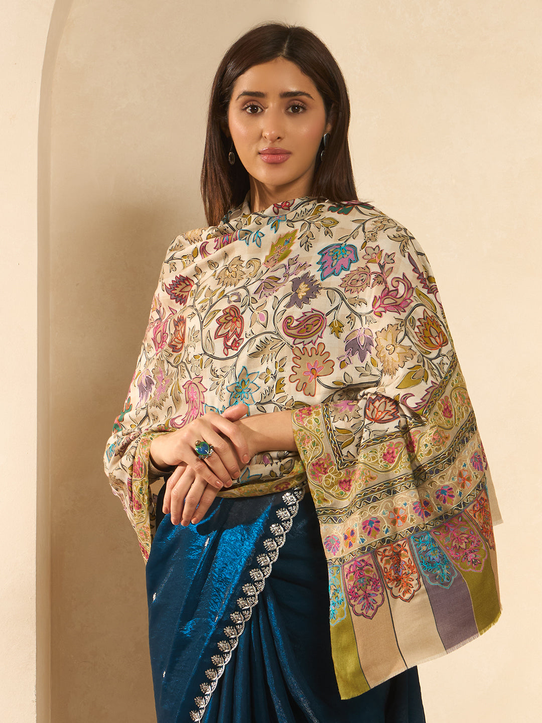 Women Nazakat Fine Wool Fabric Kalamkari Embroidered Shawl,