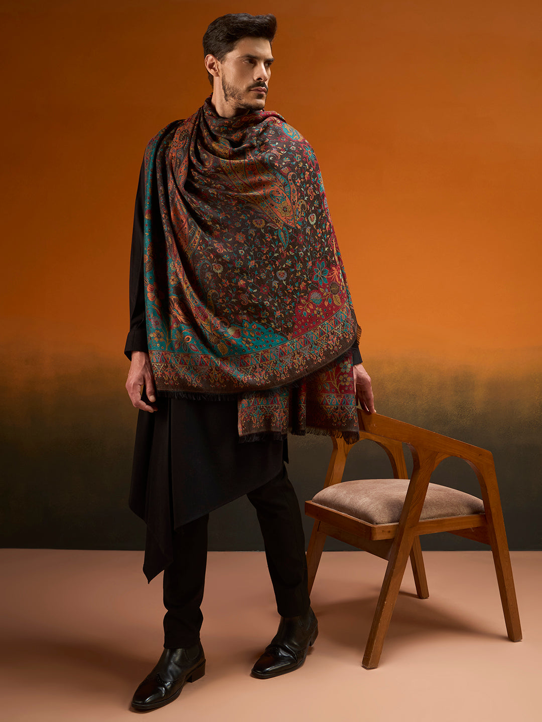 Pashmoda Men Grand Paisley Kaani Shawl, Authentic Kashmiri Pashmina Style Wrap, Medium Gents Lohi, Traditional Jamawar Woven Design, Gift Box Packed, Black Colour (40 x 80 Inches)