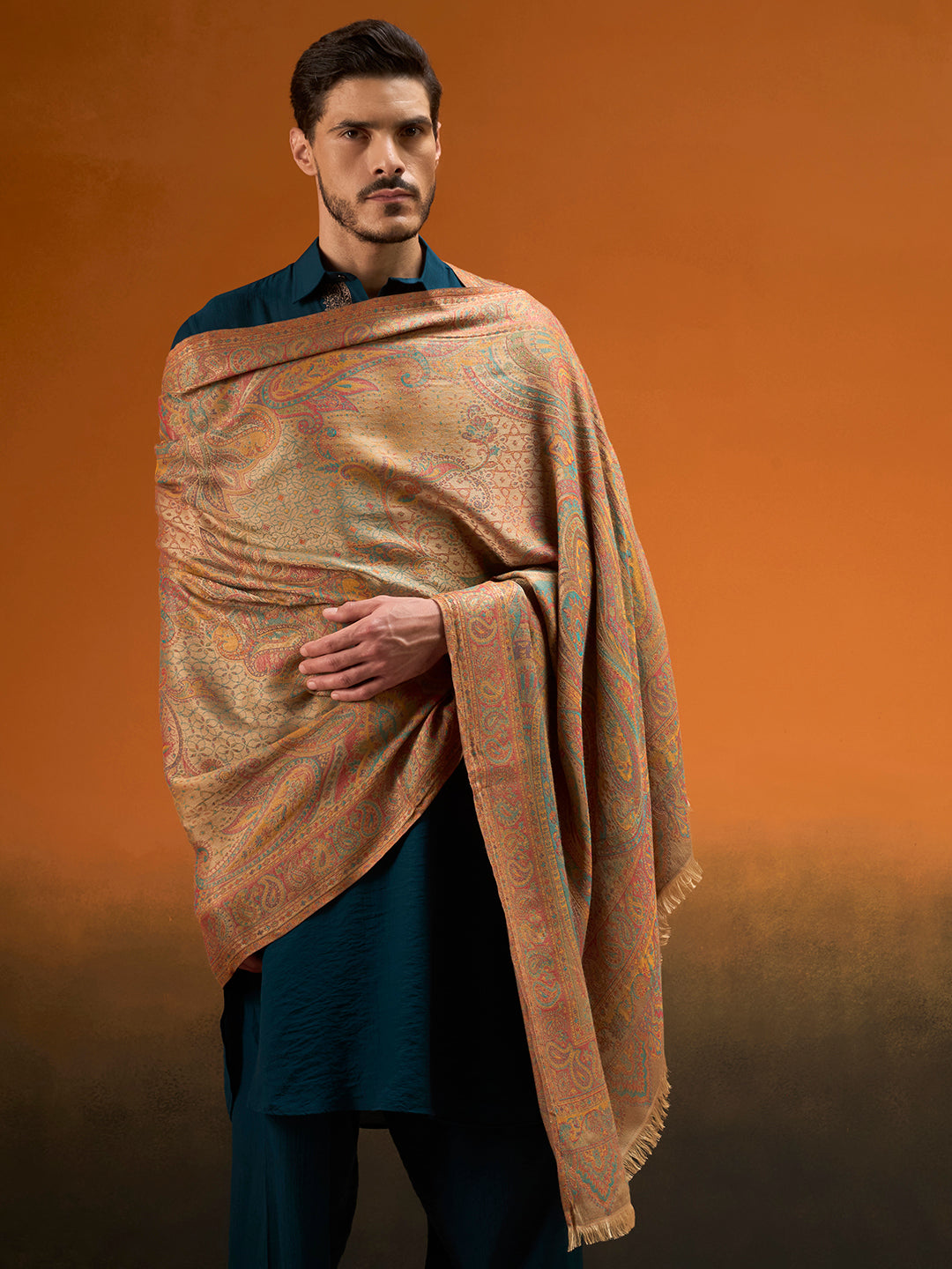 Pashmoda Men Grand Paisley Kaani Shawl, Authentic Kashmiri Pashmina Style Wrap, Medium Gents Lohi, Traditional Jamawar Woven Design, Gift Box Packed, Beige Colour (40 x 80 Inches)