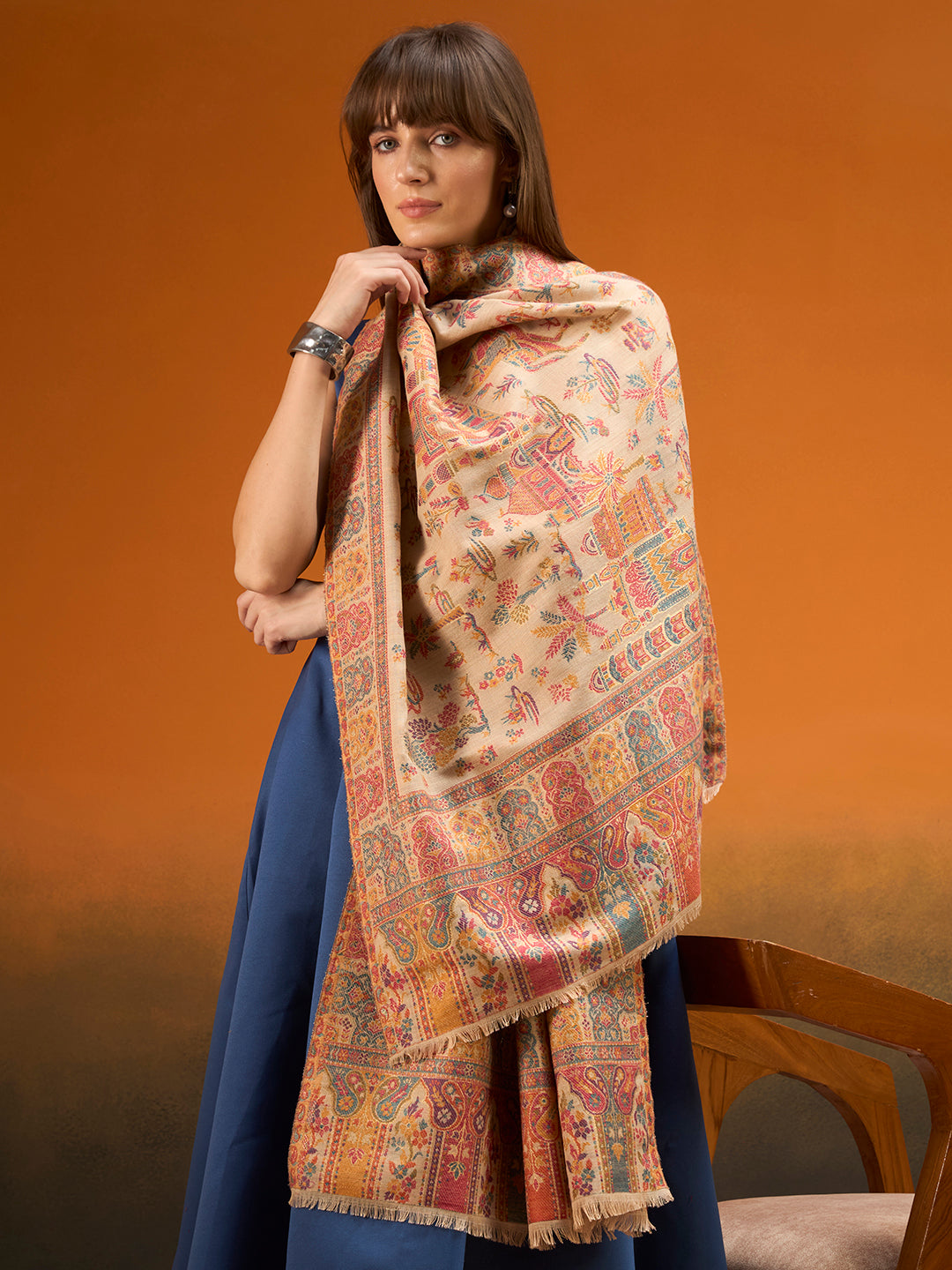Pashmoda  Imperial Caravan kaani stole Stole for Women, Wool Blend Pashmina Style Shawl Wrap, Traditional Kashmiri Jamawar Woven Design, Luxury Evening & Festive Scarf (28 x 80 Inches)