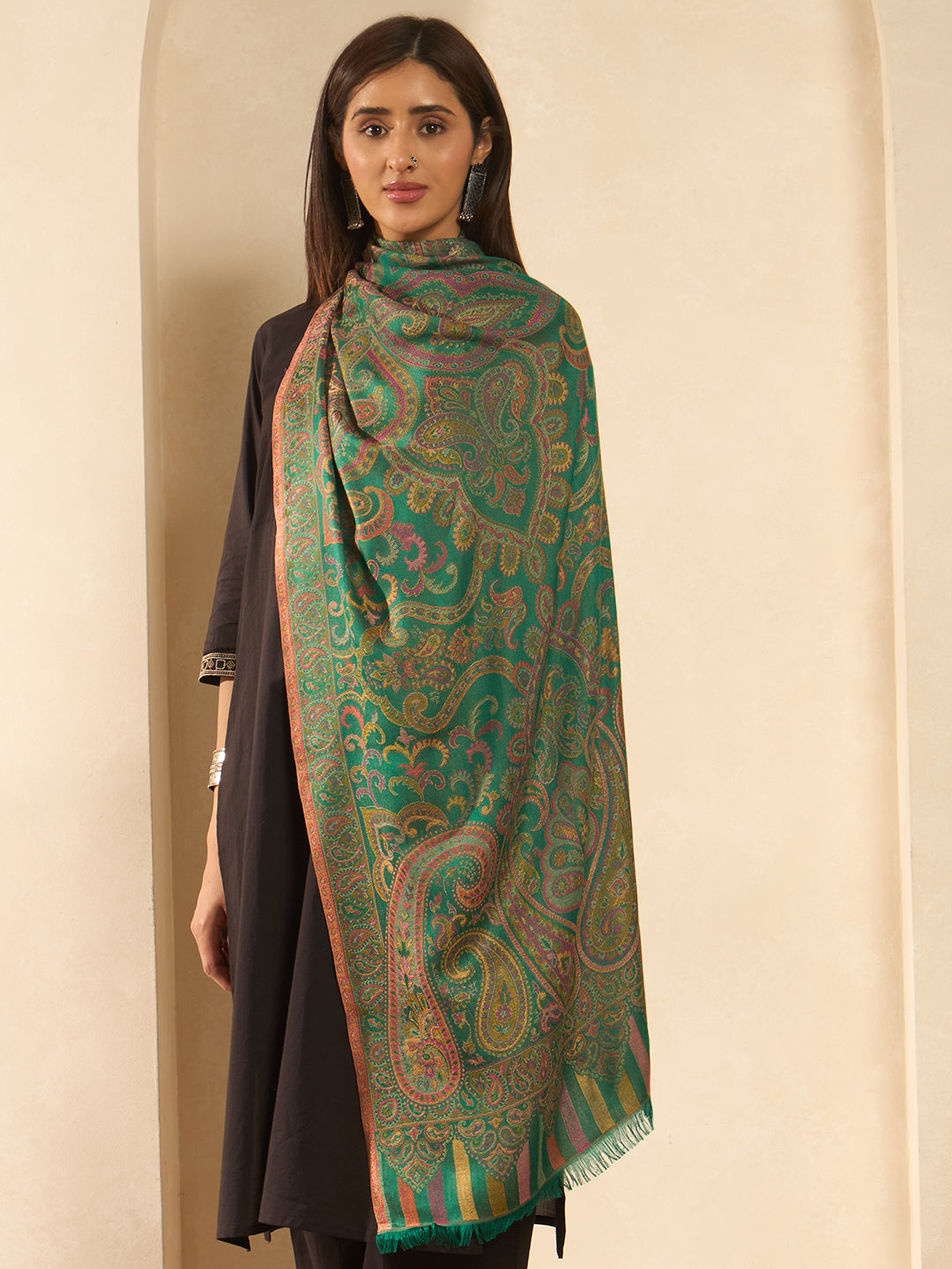 Pashmoda  Imperial Ambi Kaani Stole for Women, Wool Blend Pashmina Style Shawl Wrap, Traditional Kashmiri Jamawar Woven Design, Luxury Evening & Festive Scarf (28 x 80 Inches)