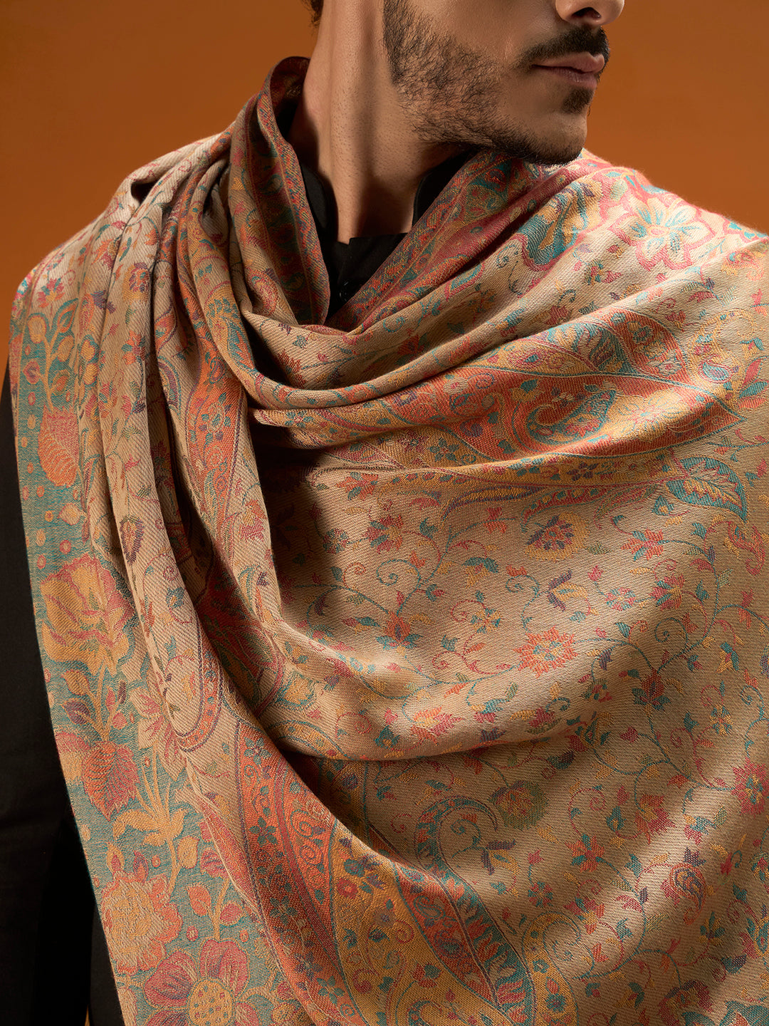 Pashmoda Men Grand Paisley Kaani Shawl, Authentic Kashmiri Pashmina Style Wrap, Medium Gents Lohi, Traditional Jamawar Woven Design, Gift Box Packed, Beige Colour (40 x 80 Inches)
