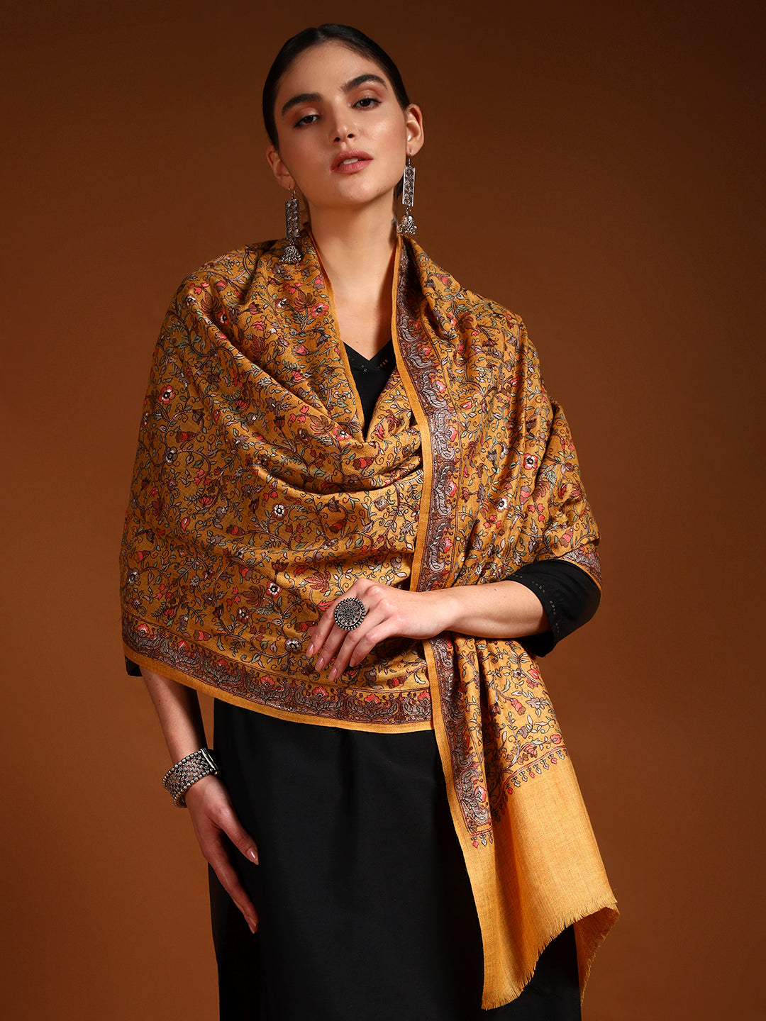 Pashmoda Women Shabnum 100% Pure Wool Sozni Hand Embroidered Stole (Size-71 × 203 cm)
