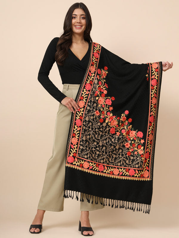 Women’s Black Aari Embroidered Shawl (Size 71X203 CM)