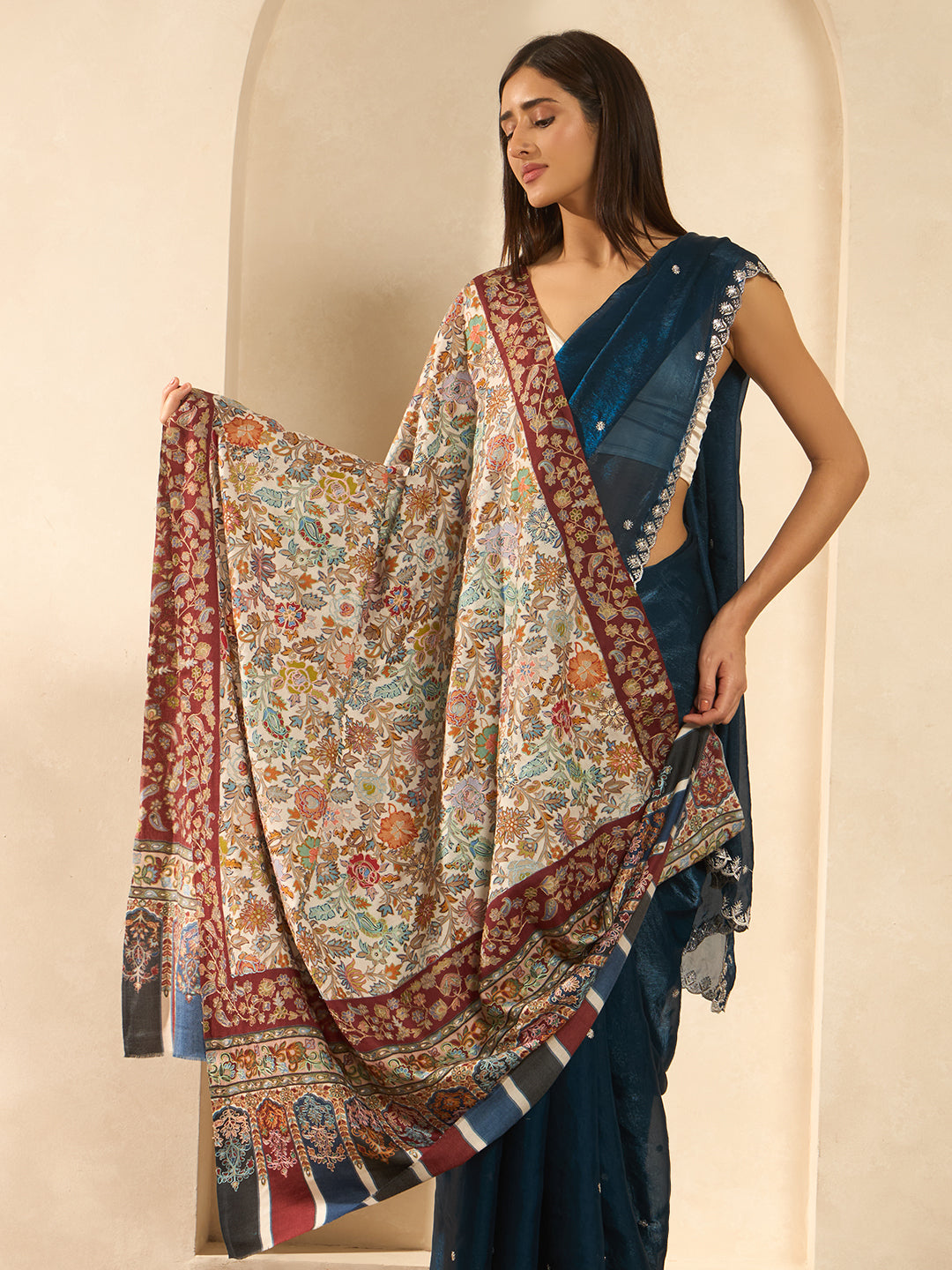 Women Royal Mehrab Fine Wool Fabric Kalamkari Embroidered Shawl