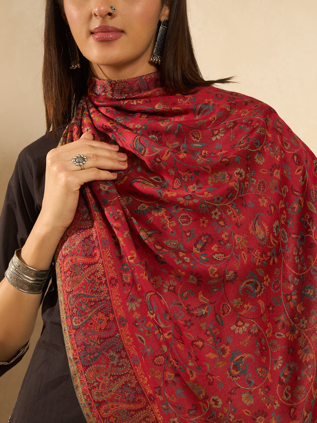 Pashmoda  Imperial Royal botanica Stole for Women, Wool Blend Pashmina Style Shawl Wrap, Traditional Kashmiri Jamawar Woven Design, Luxury Evening & Festive Scarf (28 x 80 Inches)