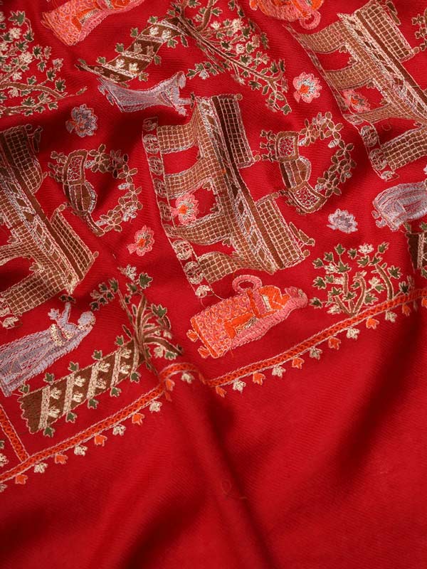 Women Red Pure Wool Embroidered Stole (Size 71X203 CM)