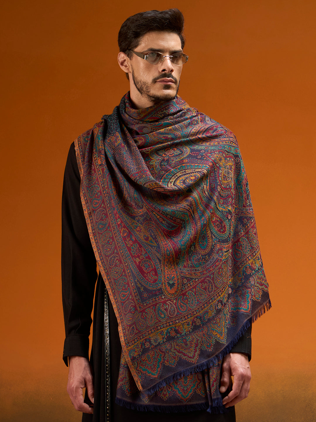 Pashmoda Men Grand Paisley Kaani Shawl, Authentic Kashmiri Pashmina Style Wrap, Medium Gents Lohi, Traditional Jamawar Woven Design, Gift Box Packed, Navyblue Colour (40 x 80 Inches)