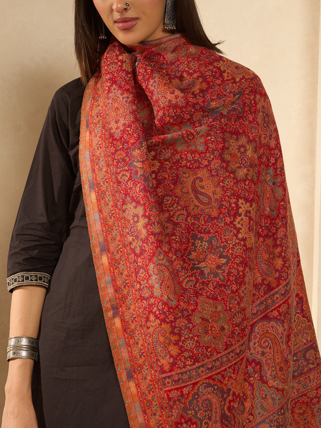 Pashmoda Imperial Shahkaar Gulistan kaani stole Stole for Women, Wool Blend Pashmina Style Shawl Wrap, Traditional Kashmiri Jamawar Woven Design, Luxury Evening & Festive Scarf (28 x 80 Inches)