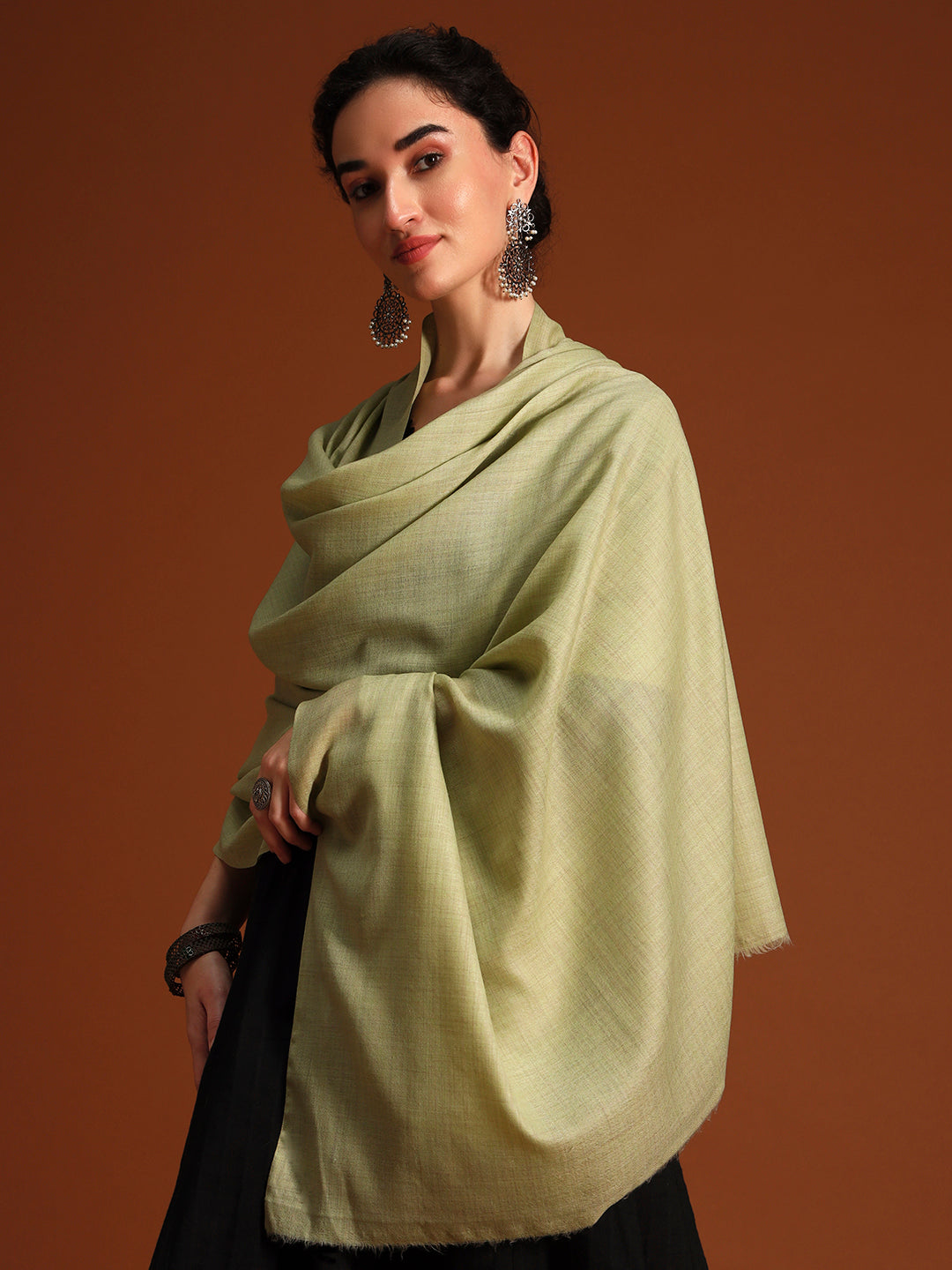Women Verdant Grace Fine Wool Blend Solid Melange Shawl