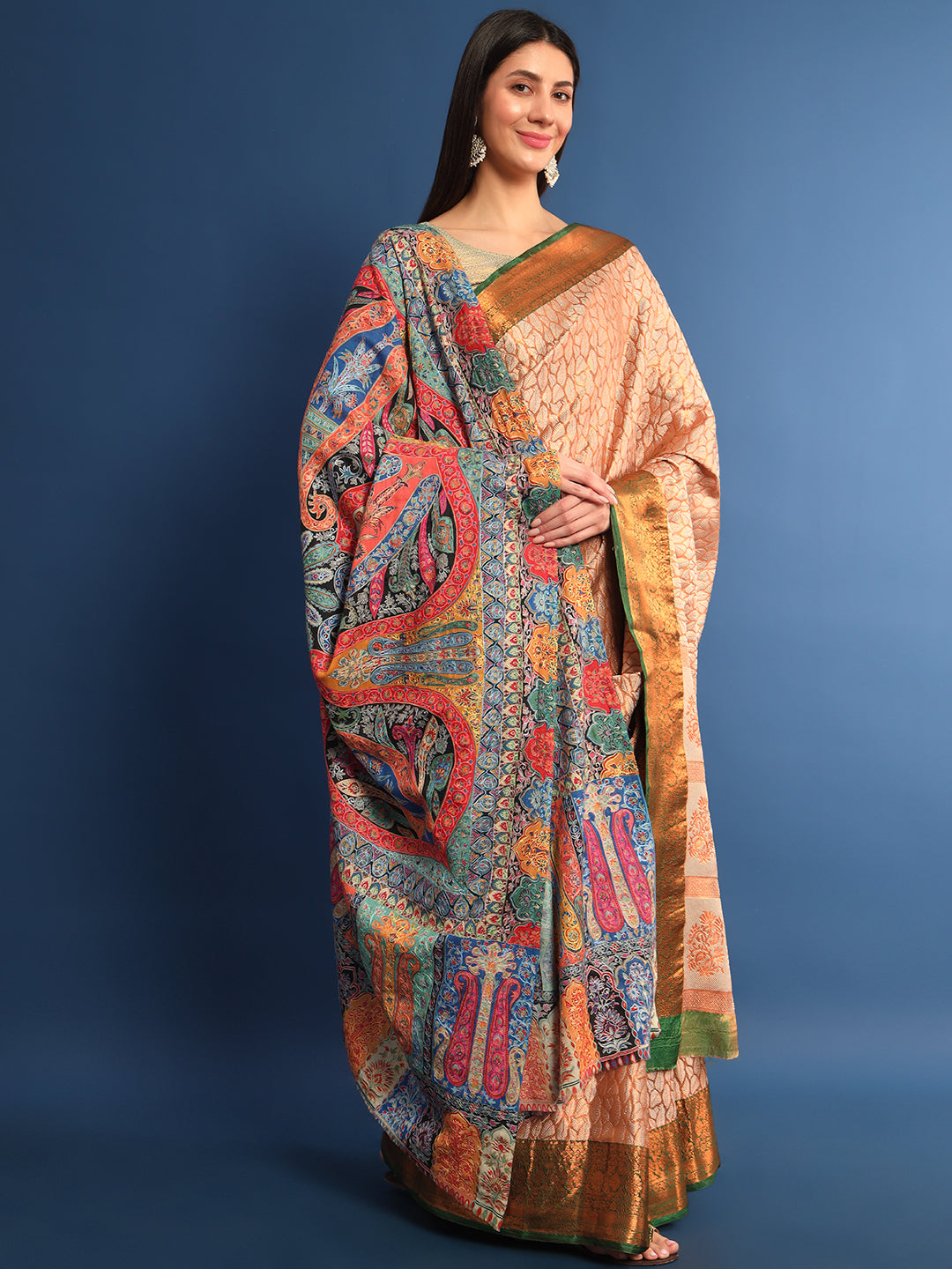 Women Gulsher Fine Wool Fabric Pashmina Kalamkari Embroidered Shawl (Size: 115x230 CM)