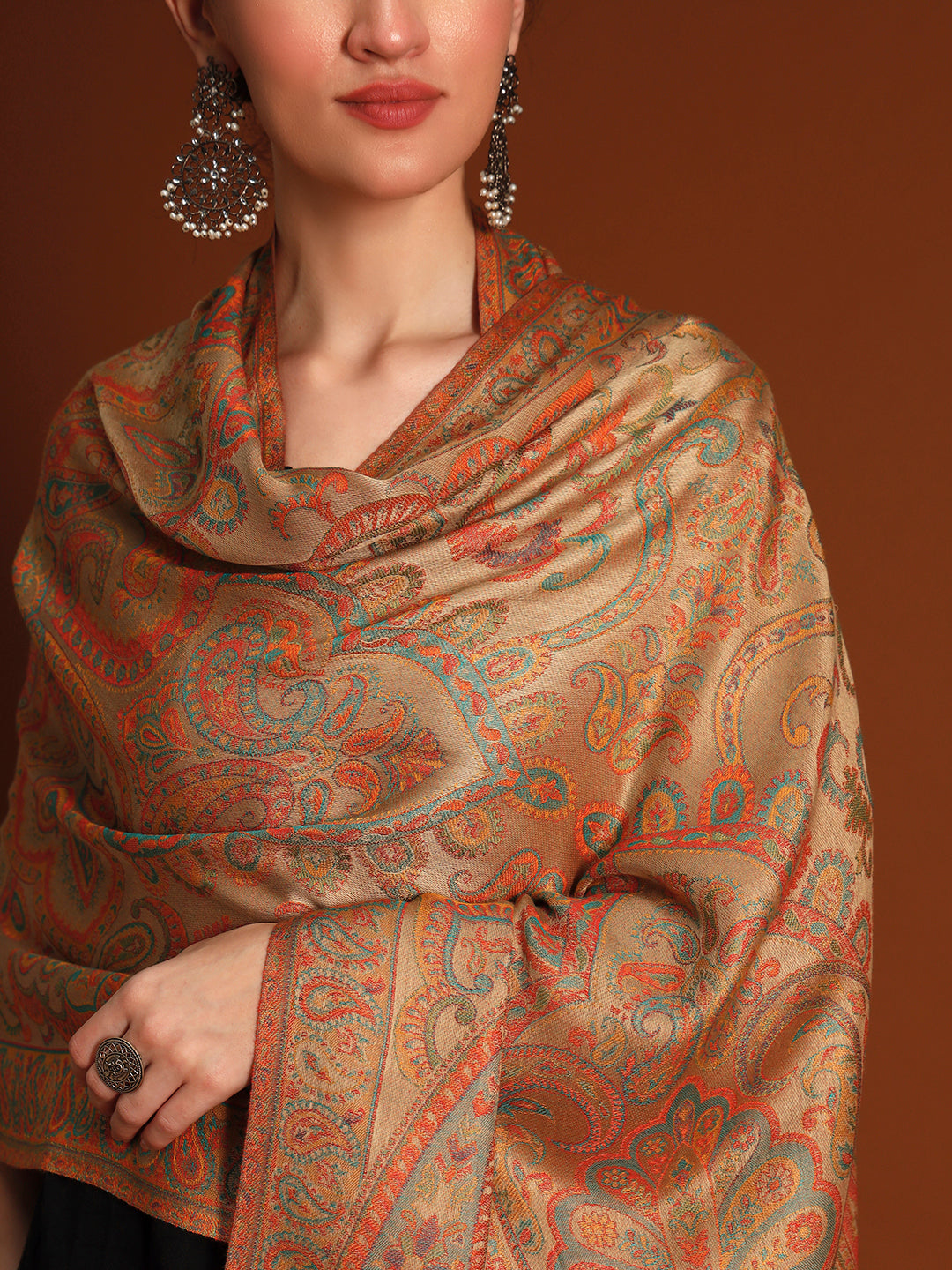 Pashmoda Imperial Ambi Kaani Stole for Women, Wool Blend Pashmina Style Shawl Wrap, Traditional Kashmiri Jamawar Woven Design, Luxury Evening & Festive Scarf (28 x 80 Inches)