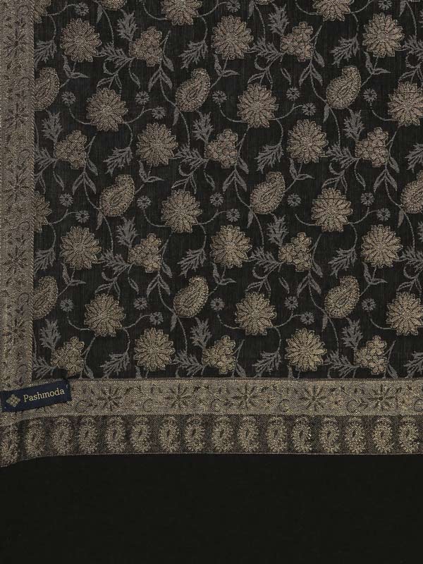 Men Kaani Stole with Zari Weave, Authentic Kashmiri Luxury Pashmina Style Stole,  Size 72X208 CM,  Black Color