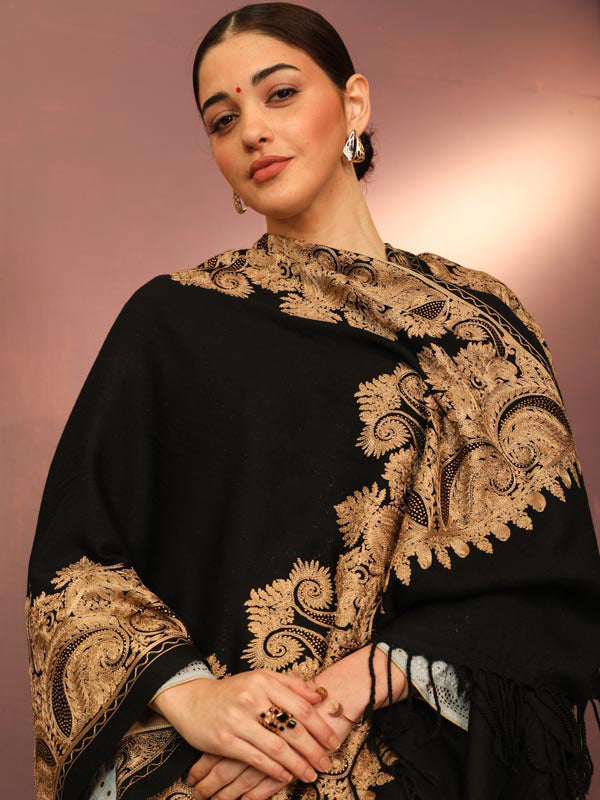 Pure Wool Swarovski Crystal Aari Embroidered Kashmiri Stole (Size: 71X203 CM)