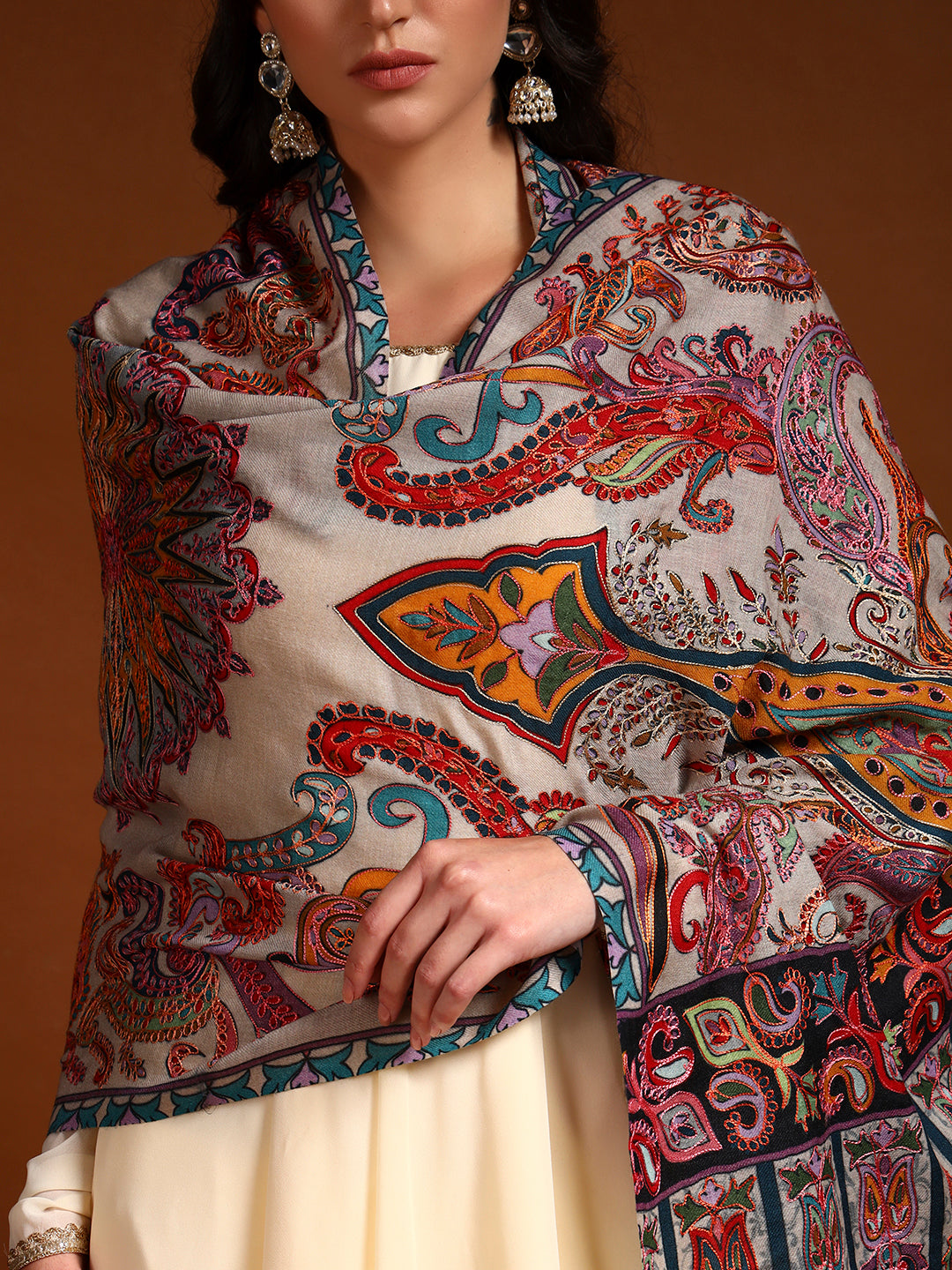 Pashmoda Women Saahtaar 100% Pure Wool Fabric Kalamkari Embroidered Stole (Size: 71x203 cm)