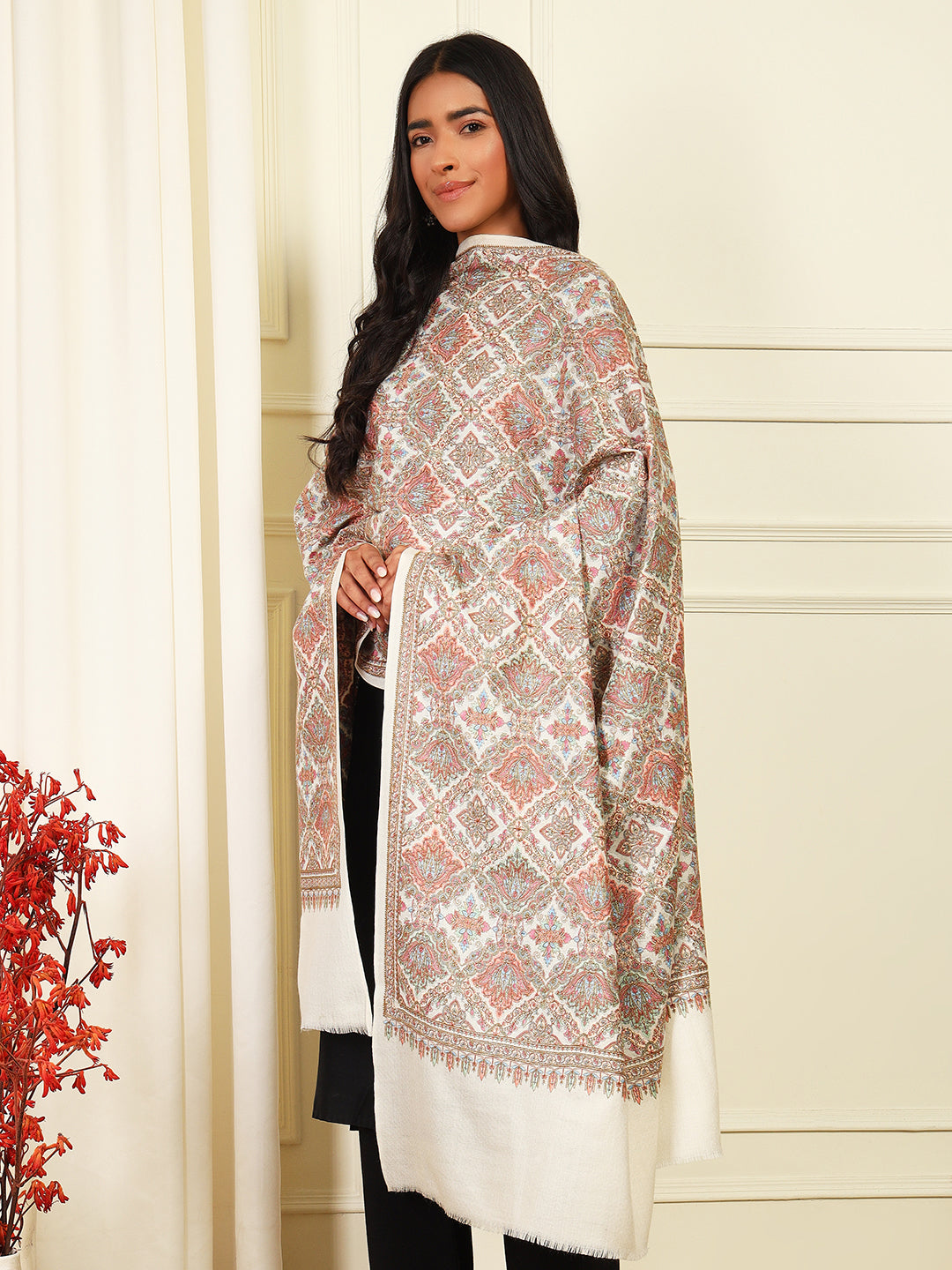 Pashmoda Women’s Zaira 100% Fine Wool Sozni Hand Embroidered Shawl (Size: 101x203 Cm)