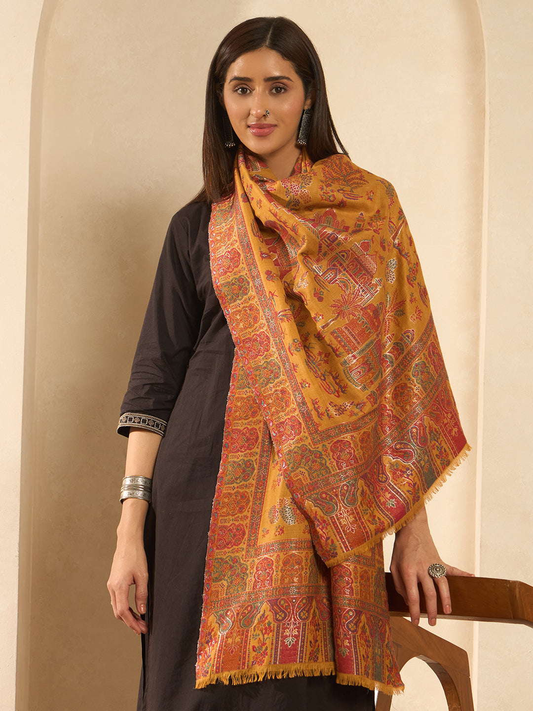 Pashmoda  Imperial Caravan kaani stole Stole for Women, Wool Blend Pashmina Style Shawl Wrap, Traditional Kashmiri Jamawar Woven Design, Luxury Evening & Festive Scarf (28 x 80 Inches)