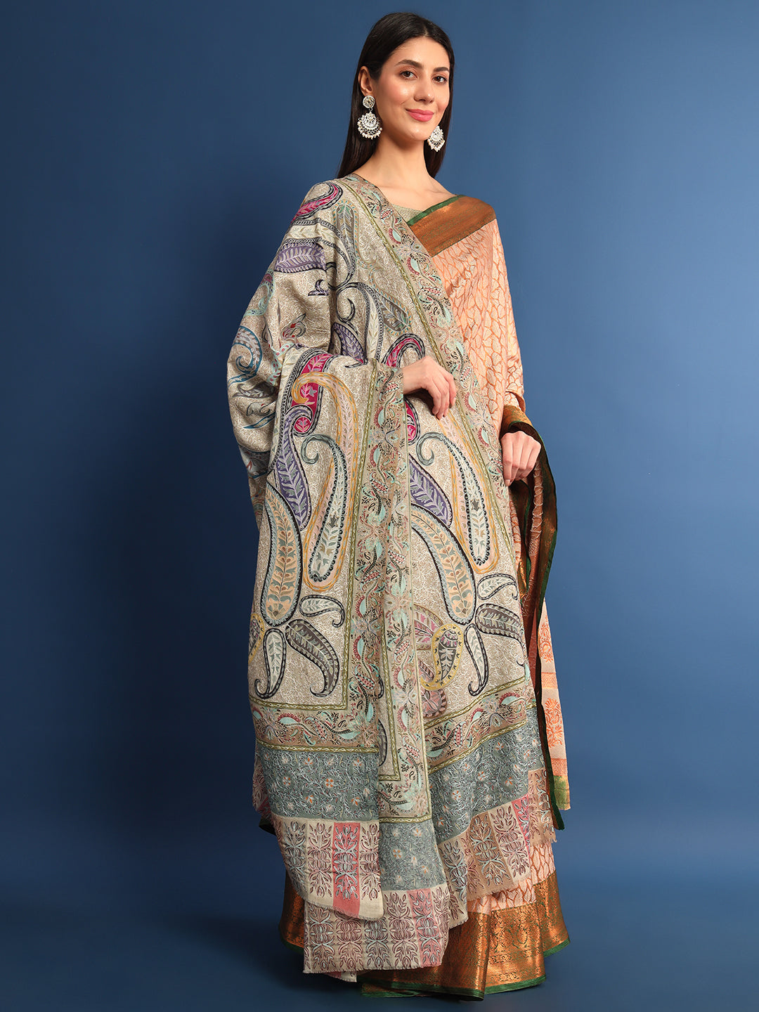 Women Fiza Fine Wool Fabric Pashmina Kalamkari Embroidered Shawl (Size: 115x230 CM)