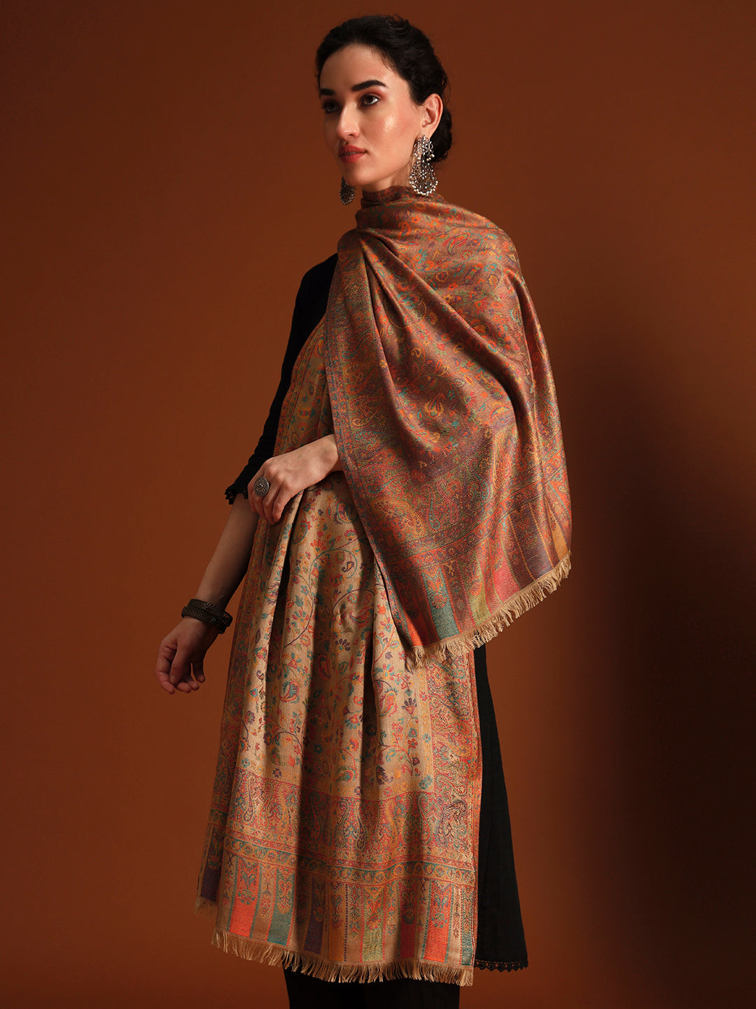 Pashmoda  Imperial Royal botanica Stole for Women, Wool Blend Pashmina Style Shawl Wrap, Traditional Kashmiri Jamawar Woven Design, Luxury Evening & Festive Scarf (28 x 80 Inches)