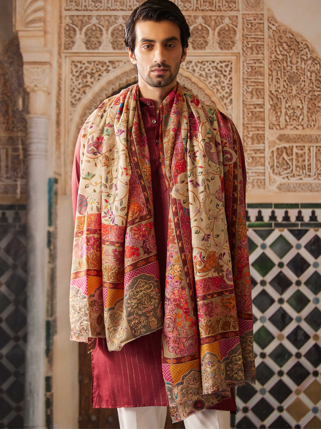 Pashmoda Men Fine Wool Kalamkari Embroidered Shawl (Size 101x203 Cm)