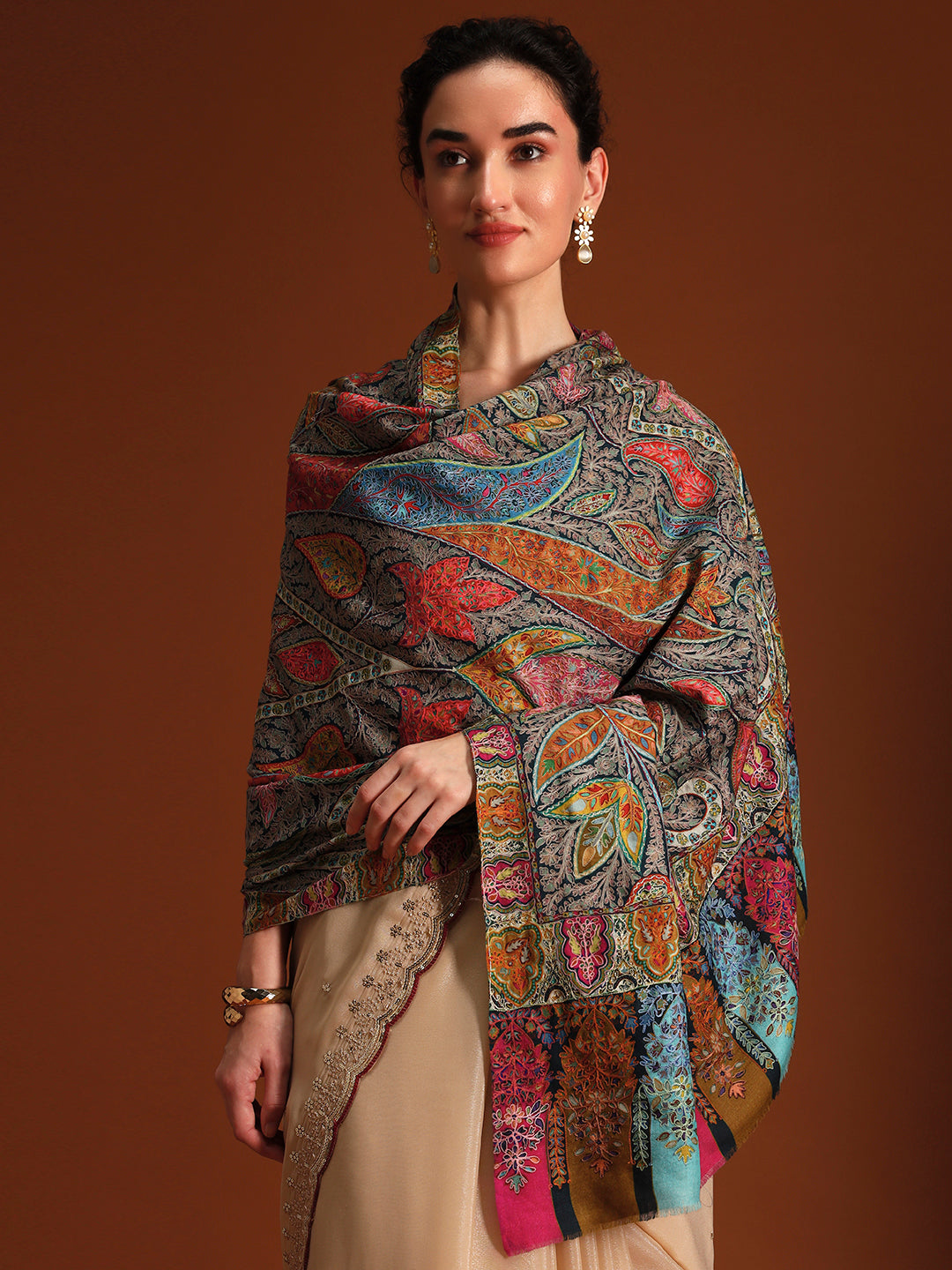 Women Chroma Royale Fine Wool Fabric Kalamkari Embroidered Shawl