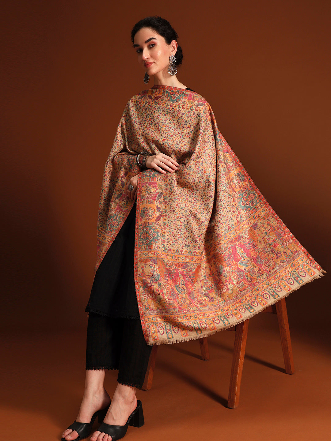 Pashmoda  Imperial Persian Court kaani stole Stole for Women, Wool Blend Pashmina Style Shawl Wrap, Traditional Kashmiri Jamawar Woven Design, Luxury Evening & Festive Scarf (28 x 80 Inches)