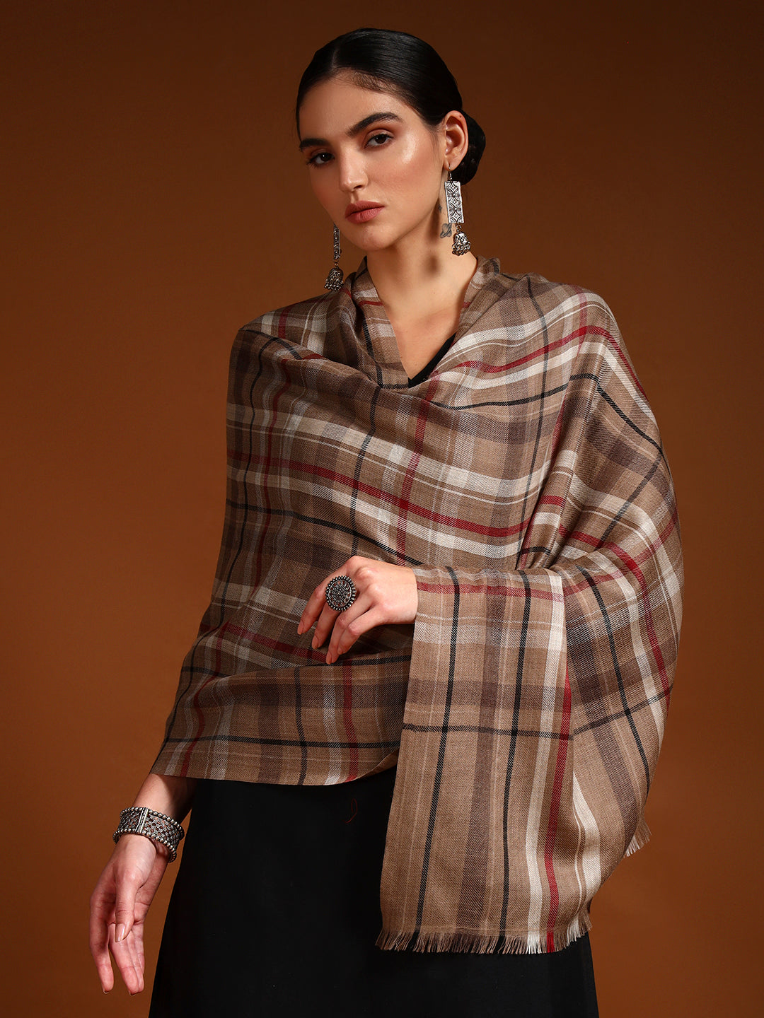 Women 100% Pure Wool Checkered Stole, Sustainable and Natural Fabric (Size 71x203 CM)