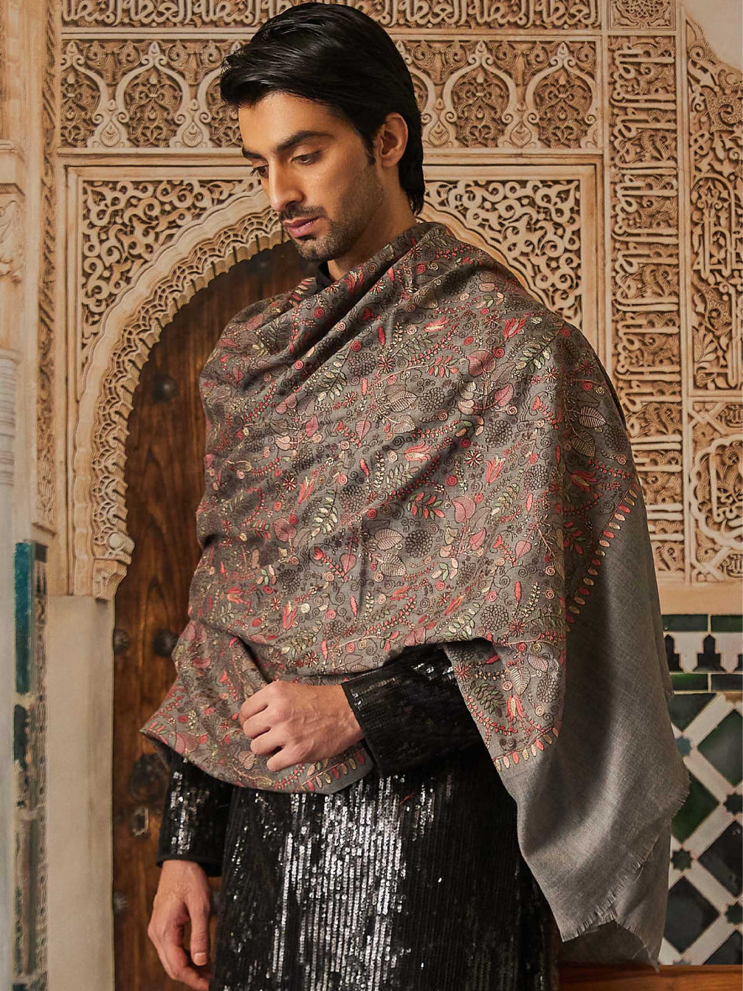 Pashmoda Men 100% Pure Wool Fabric Sozni Embroidered Shawl (Size: 101x203 Cm)