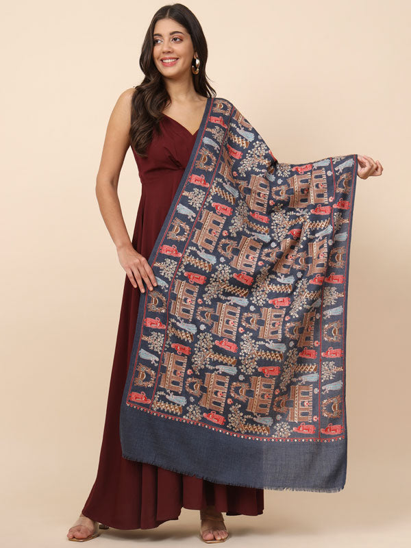 Women Navyblue Pure Wool Embroidered Stole (Size 71X203 CM)