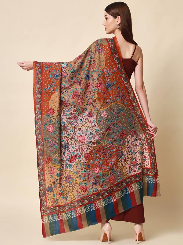 Pure Wool Fabric Kalamkari Embroidered Shawl (Size: 101 X 203 Cms) –  Pashmoda