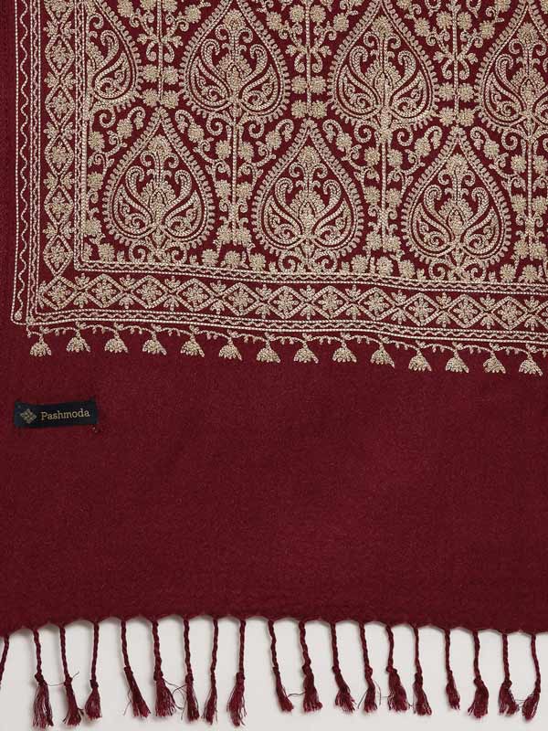 Men’s Kashmiri Embroidery Stole, Shawl, Authentic Kashmiri Luxury Pashmina Style Stole, Medium Size for Gents, Size 71X203 CM, Wine Color